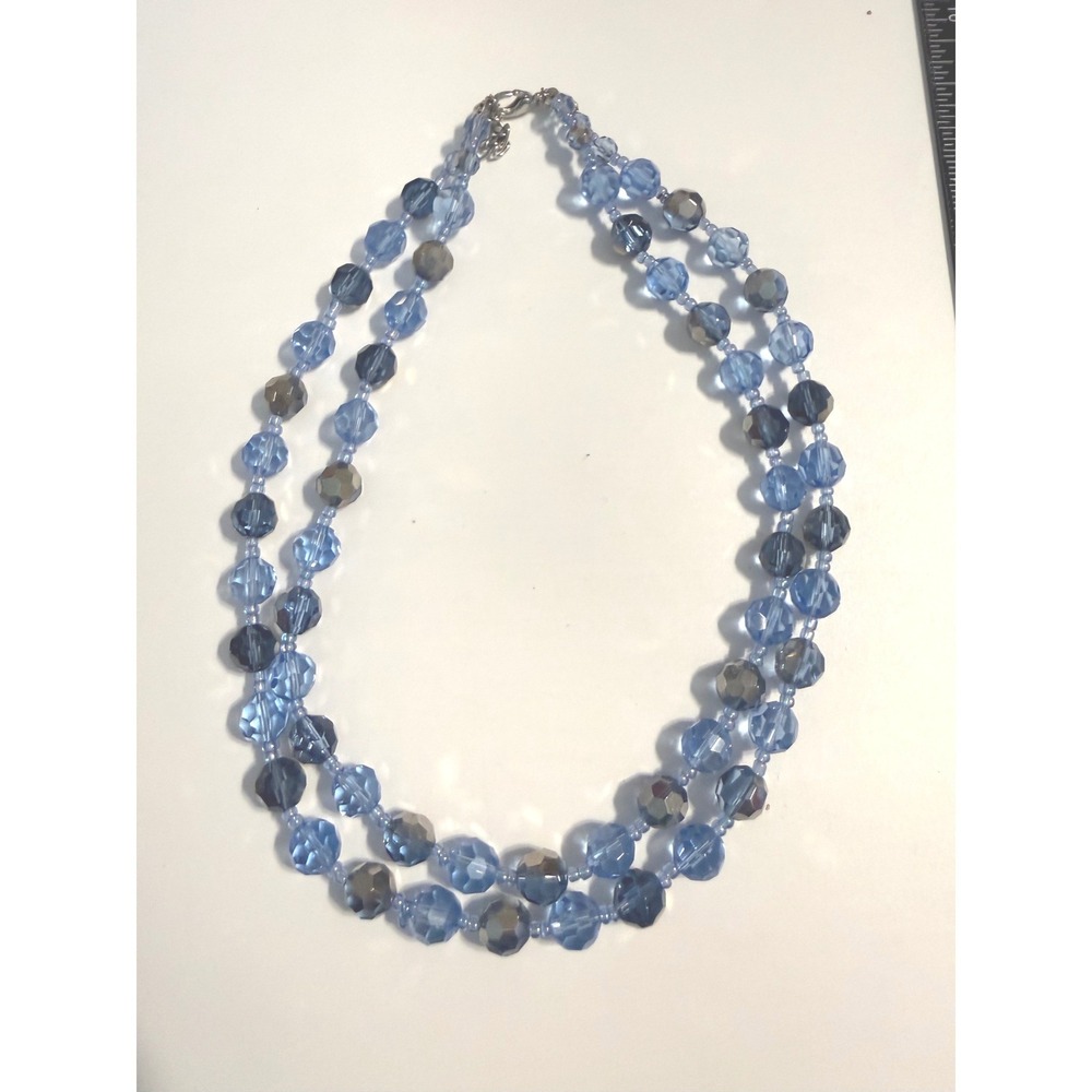 Vintage Blue Faceted Crystal Bead Double Strand Necklace Silver Tone‎ Clasp 20"